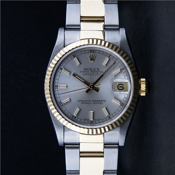 Rolex Ladies Midsize Two Tone Silver Index Datejust Wristwatch