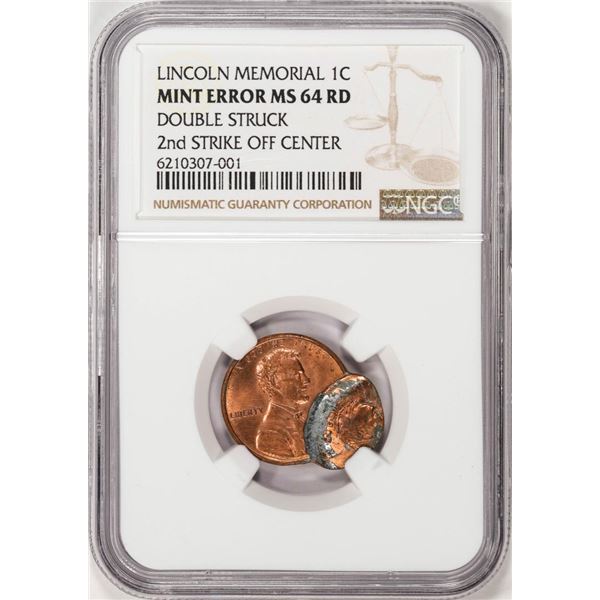 ND Lincoln Cent Coin Double Struck 2nd Strike Off Center NGC Mint Error MS64RD