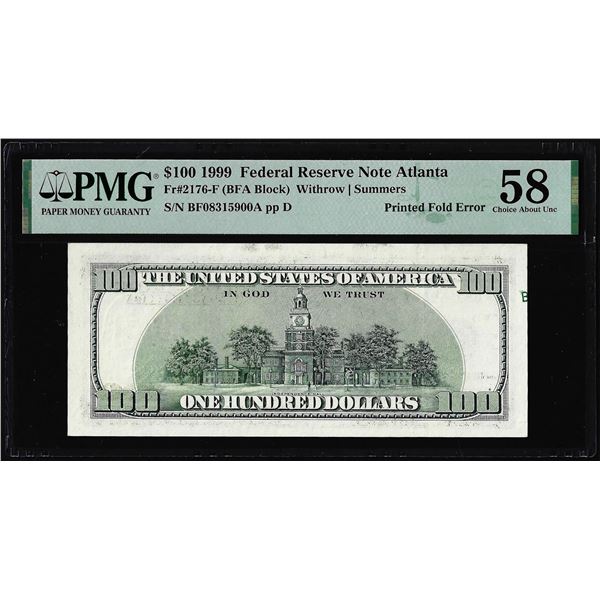 1999 $100 Federal Reserve Printed Fold Error Note Fr.2176-F PMG Choice About Unc 58