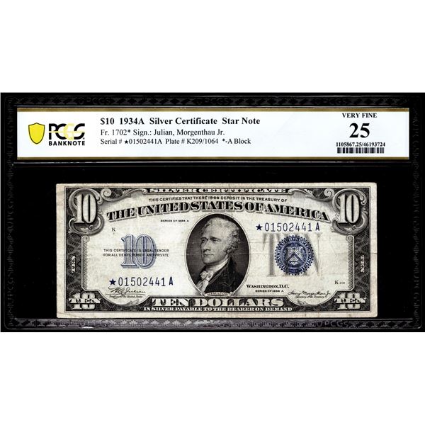 1934A $10 Silver Certificate STAR Note Fr.1702* PCGS Very Fine 25