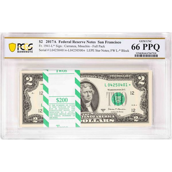 Pack 2017A $2 Federal Reserve STAR Notes SF Fr.1941-L* PCGS Gem Uncirculated 66PPQ