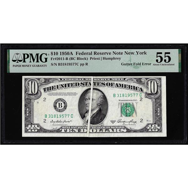 1950A $10 Federal Reserve Note Fr.2011-B Gutter Fold ERROR PMG About Uncirculated 55