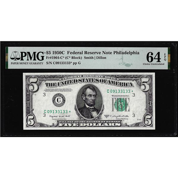 1950C $5 Federal Reserve Star Note Philadelphia Fr.1964-C* PMG Ch. Uncirculated 64EPQ