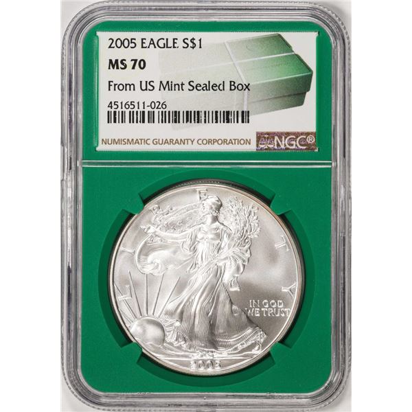 2005 $1 American Silver Eagle Coin NGC MS70 From US Mint Sealed Box Green Core