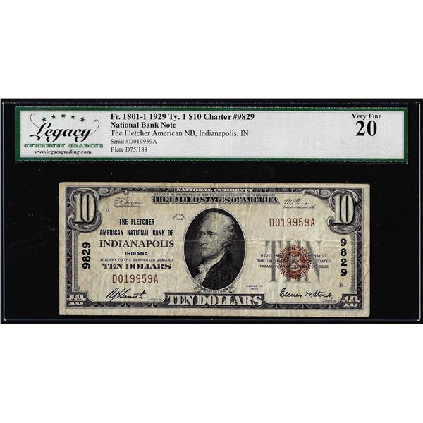 1929 $10 Fletcher American NB Indianapolis, IN CH# 9829 National Note Legacy VF20