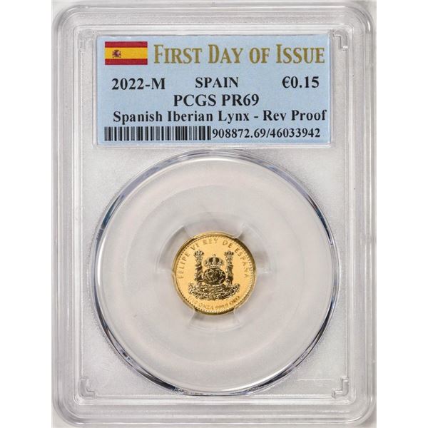 2022M Spain 15 Euro Cent Reverse Proof Lynx Gold Doubloon Coins PCGS PR69 FDOI