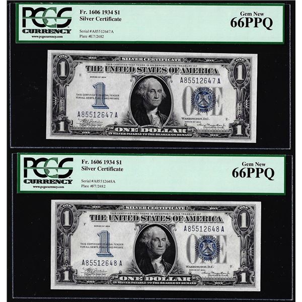 Lot of (2) Consecutive 1934 $1 Silver Certificate Notes FR.1606 PCGS 66PPQ Gem New