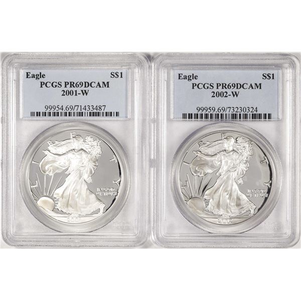 Lot of 2001-W & 2002-W $1 Proof American Silver Eagle Coins PCGS PR69DCAM