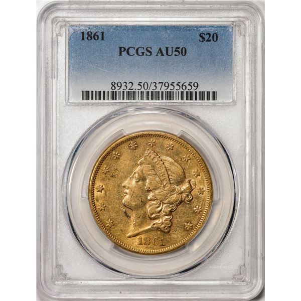 1861 $20 Liberty Head Double Eagle Gold Coin PCGS AU50