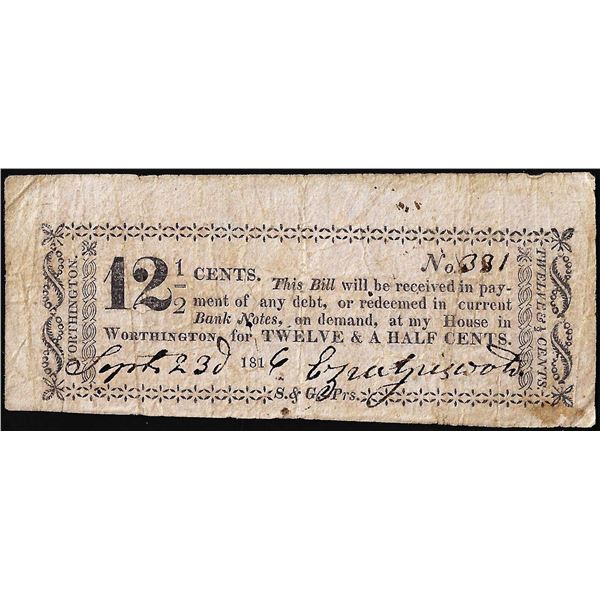 September 23, 1816 12 1/2 cents Ezra Griswold Worthington, Oh Obsolete Note