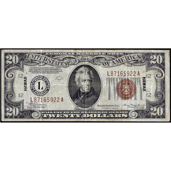 1934A $20 Hawaii WWII Emergency Issue Federal Reserve Note