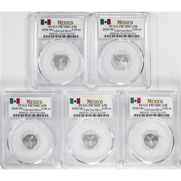 Lot of (5) 2018-Mo Mexico Proof 1/20 oz Silver Libertad Coins PCGS PR70DCAM