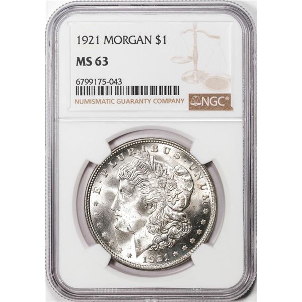 1921 $1 Morgan Silver Dollar Coin NGC MS63