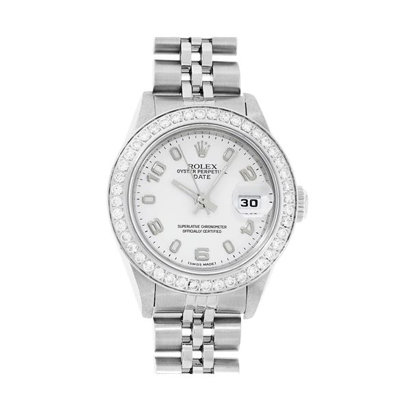 Rolex Ladies Stainless Steel White Arabic Diamond Datejust Wristwatch