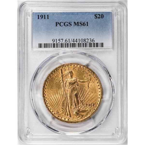 1911 $20 St Gaudens Double Eagle Gold Coin PCGS MS61