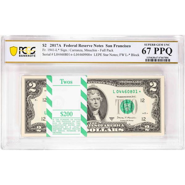 Pack 2017A $2 Federal Reserve STAR Notes SF Fr.1941-L* PCGS Superb Gem Unc 67PPQ