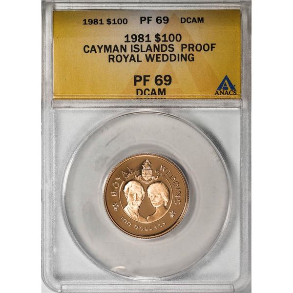 1981 $100 Proof Cayman Islands Royal Wedding Gold Coin ANACS PF69DCAM