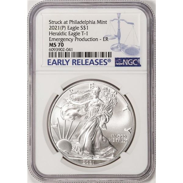 2021-(P) Type 1 $1 Heraldic American Silver Eagle Coin NGC MS70 Philadelphia Mint ER