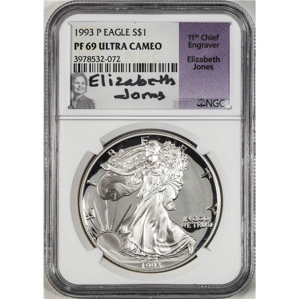 1993-P $1 Proof American Silver Eagle Coin NGC PF69 Ultra Cameo E. Jones Signature