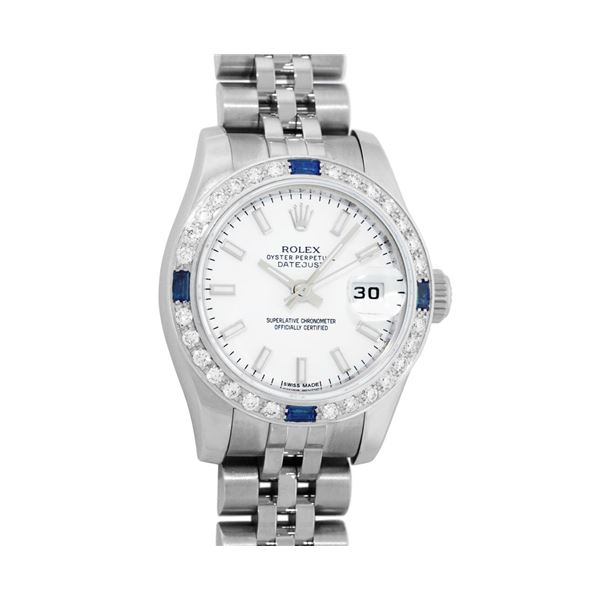 Rolex Ladies Stainless Steel White Index Sapphire and Diamond Datejust Wristwatch