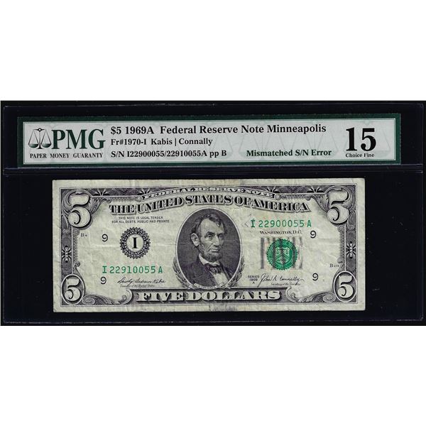 1969A $5 Federal Reserve Note Mismatched Serial Number Error Fr.1970-I PMG Ch. Fine 15