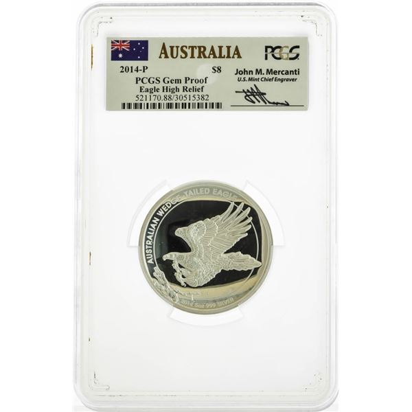 2014-P Australia $8 Proof Eagle High Relief Silver Coin PCGS Gem Proof Mercanti Signed