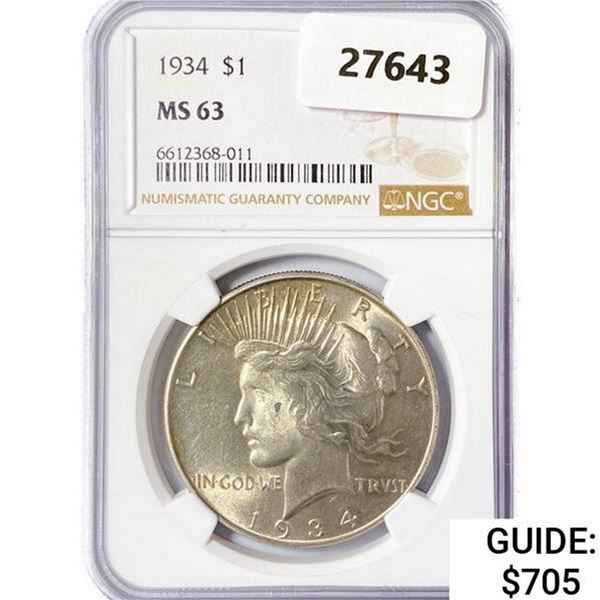 1934 Silver Peace Dollar NGC MS63