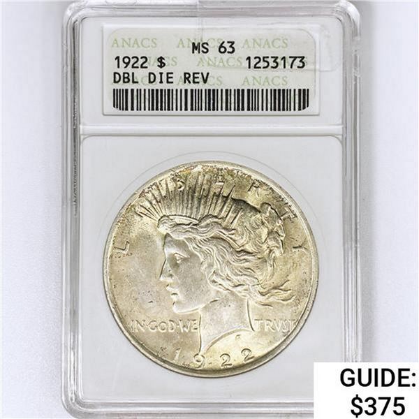 1922 Silver Peace Dollar ANACS MS63 DBL DIE REV