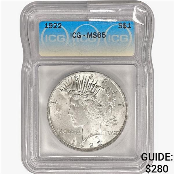 1922 Silver Peace Dollar ICG MS65