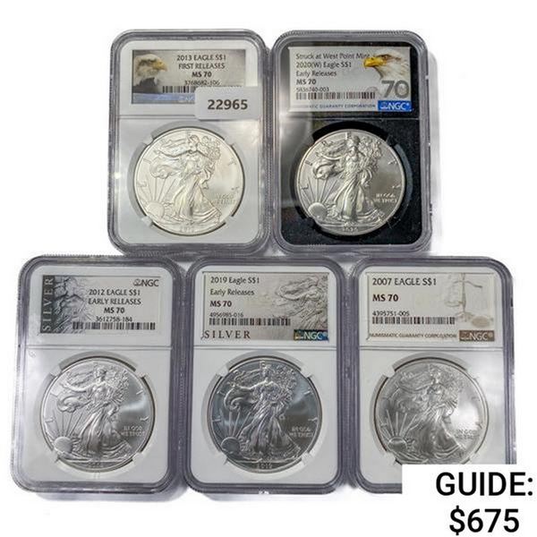 2007-2020 Set [5] American Silver Eagles NGC MS70