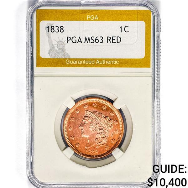 1838 Braided Hair Large Cent PGA MS63 RED