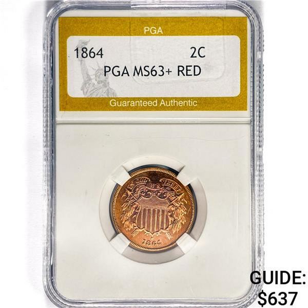 1864 Two Cent Piece PGA MS63+ RED