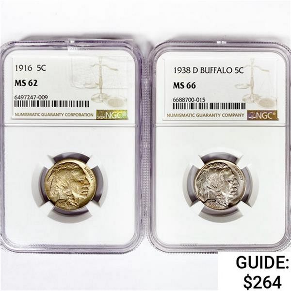 1916-1938 SET [2] Buffalo Nickel NGC MS