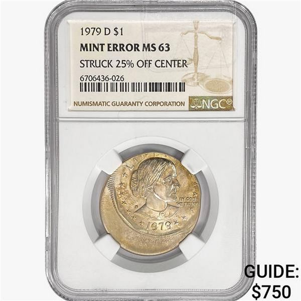 1979-D SBA $1 NGC MS63 Mint Error Struc 25% Off Cn