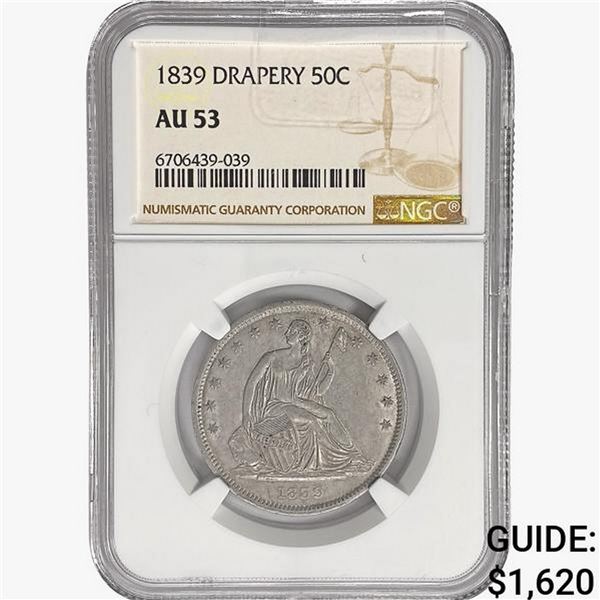 1839 Seated Liberty Half Dollar NGC AU53 Drapery