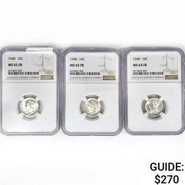 1940 Set [3] Mercury Silver Dime NGC MS FB