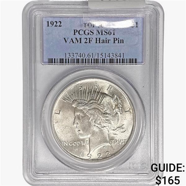 1922 Silver Peace Dollar PCGS MS61 VAM 2F Hair Pin