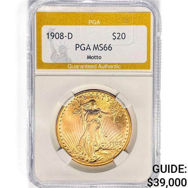 1908-D $20 Gold Double Eagle PGA MS66 Motto