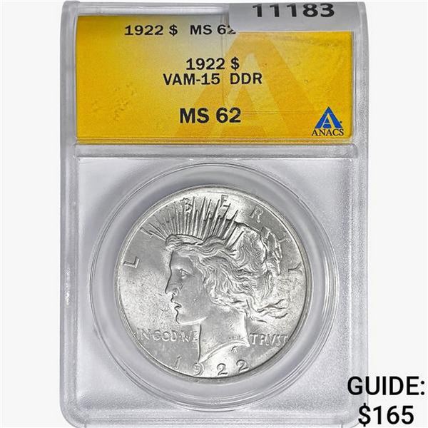 1922 Silver Peace Dollar ANACS MS62 VAM-15 DDR