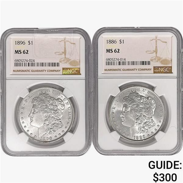 [2] 1886 & 1896 Morgan Silver Dollar NGC MS62