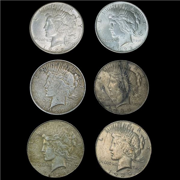 [6] Peace Silver Dollars (1922, 1922-S, 1927-D, (2