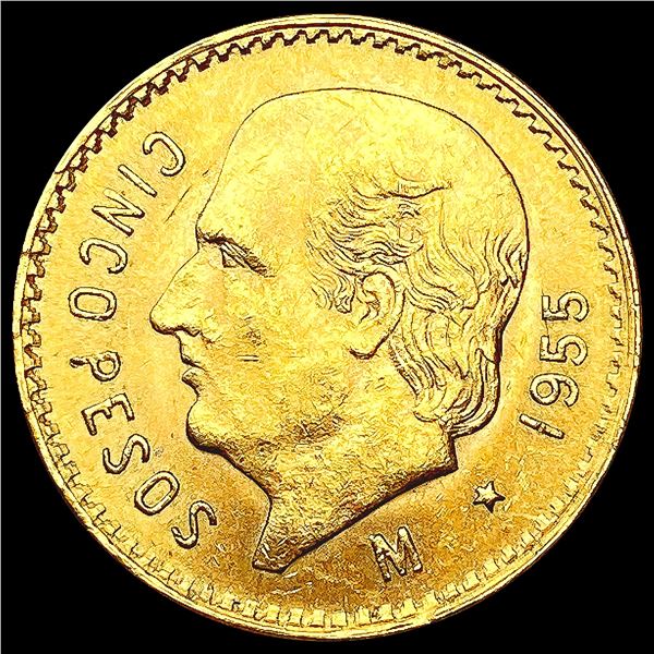 1955 Mexico .1206oz Gold 5 Pesos CHOICE BU