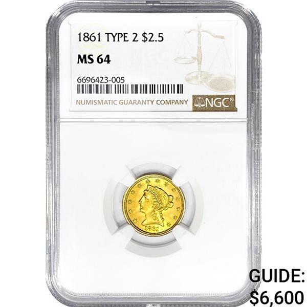 1861 $2.50 Gold Quarter Eagle NGC MS64 T2