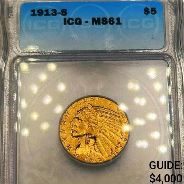 1913-S $5 Gold Half Eagle ICG MS61