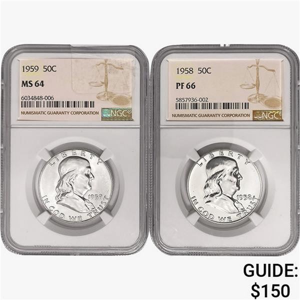 [2] 1958-1959 Franklin Half Dollar NGC MS/PF64/66