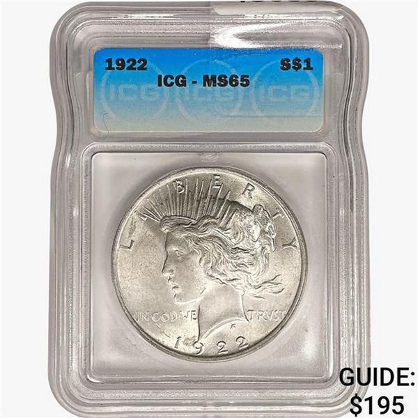1922 Silver Peace Dollar ICG MS65