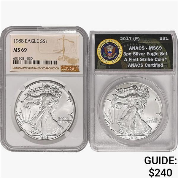 [2] 1988 & 2017 Silver Eagle ANACS/NGC MS69