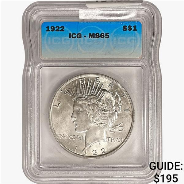 1922 Silver Peace Dollar ICG MS65
