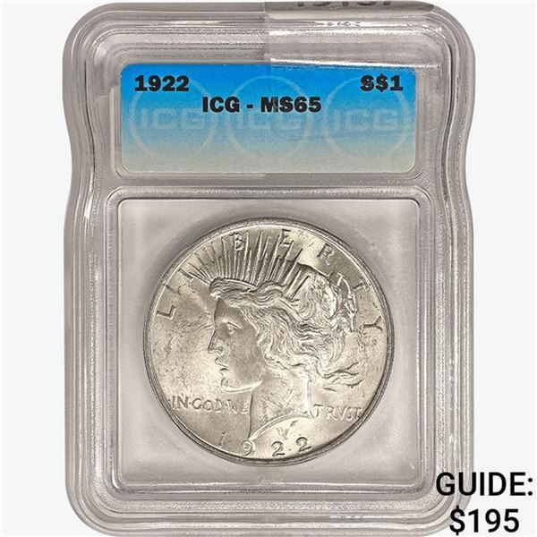 1922 Silver Peace Dollar ICG MS65
