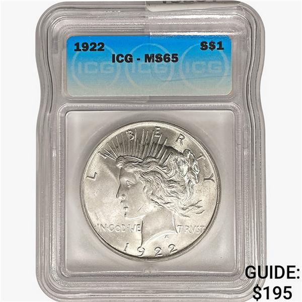 1922 Silver Peace Dollar ICG MS65